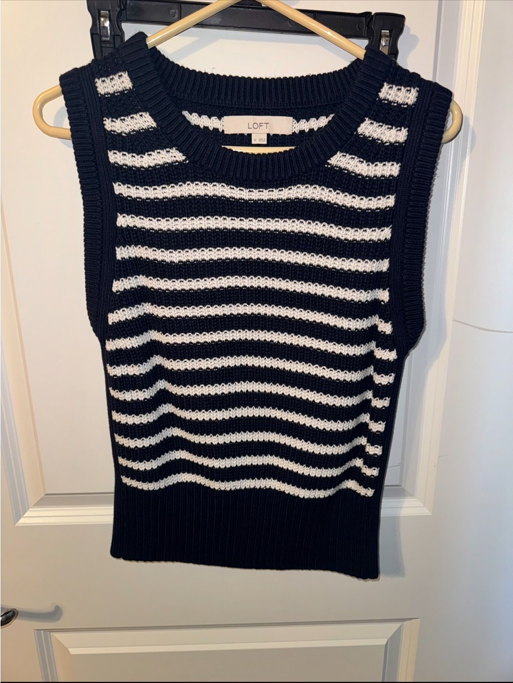 LOFT Navy & White Striped Knit Sleeveless Sweater Vest